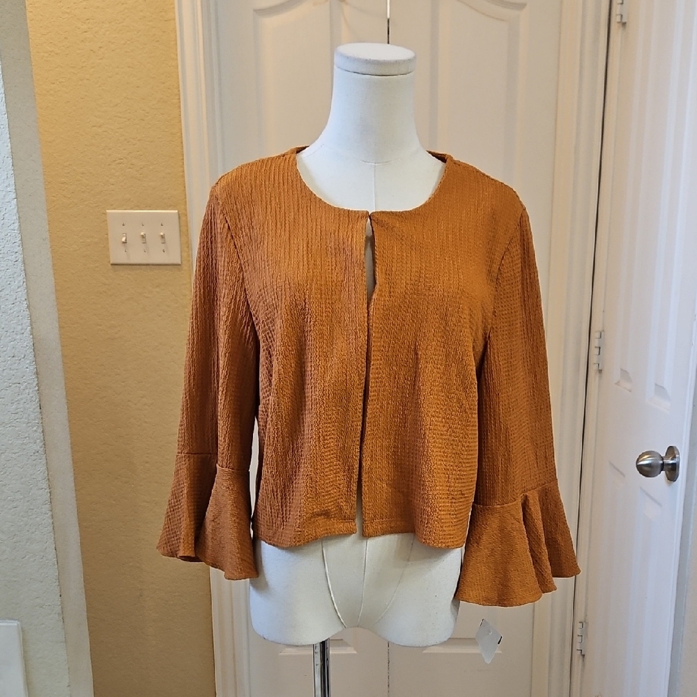 Perceptions Open Front Textured Cardigan with Bell Ruffle Sleeves Size L - Picture 2 of 8